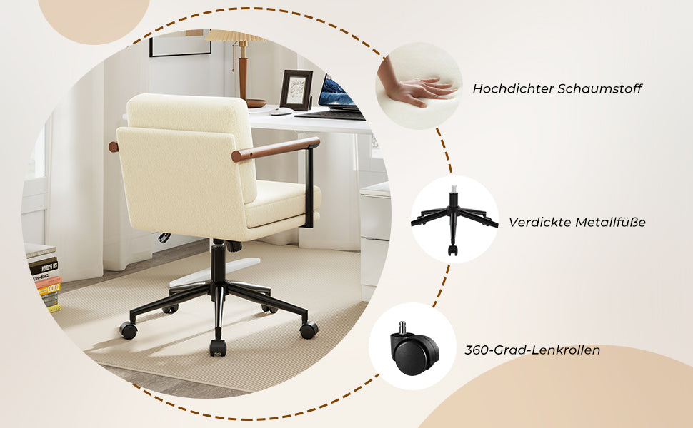 Home Office Chair, Upholstered Desk Chair Height Adjustable, Vanity Chair with Wooden Armrests and Castors