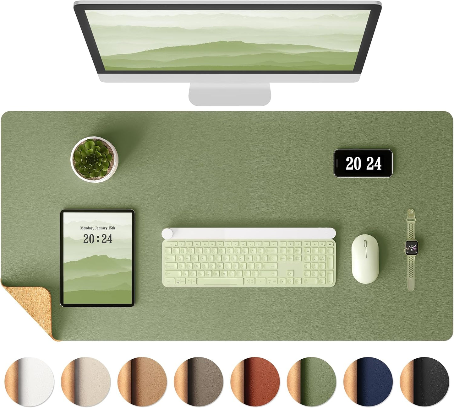 Cork Desk Mat, Reversible Desk Pad with Natural Cork & PU Leather, Mouse Pad/Table Protector Green