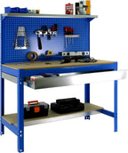 Banco da lavoro per officina, capacità di carico 600 kg, 1445x1210x610 mm, Pannello Forato, Ripiano per cassetti, Tavolo da lavoro fai da te, Blu/Legno - BT3