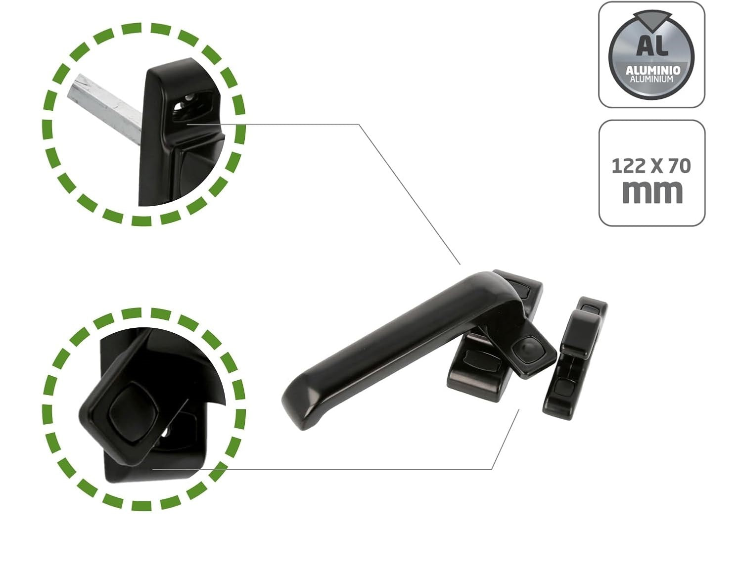 Maniglia di bloccaggio per porte e finestre mod. GAMMA - 122 x 70 mm - Rosetta - Sinistra - Porte interne e finestre - Senza Quadriletto - Alluminio Nero