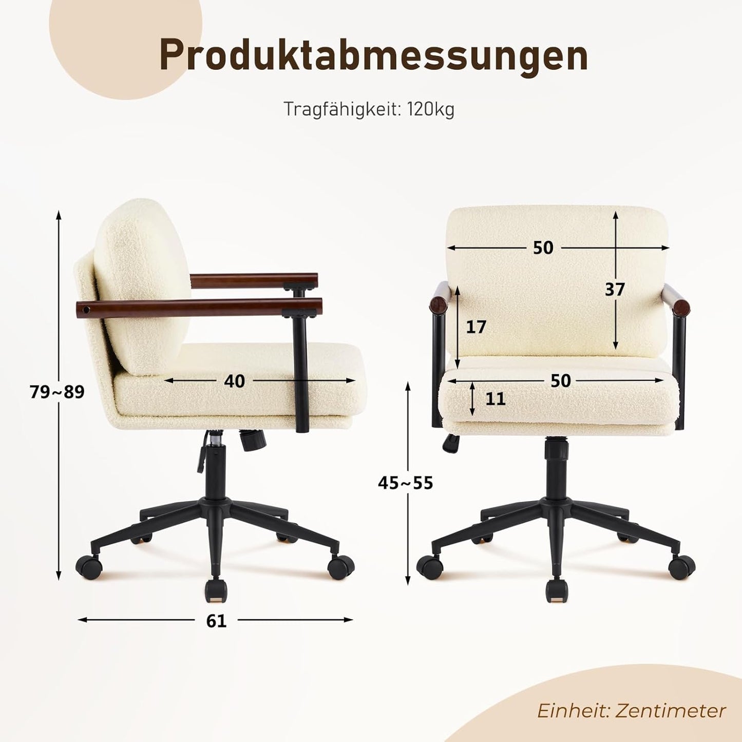Homeoffice Stuhl, Gepolsterter Schreibtischstuhl Höhenverstellbar, Schminkstuhl mit Holz Armlehnen und Rollen
