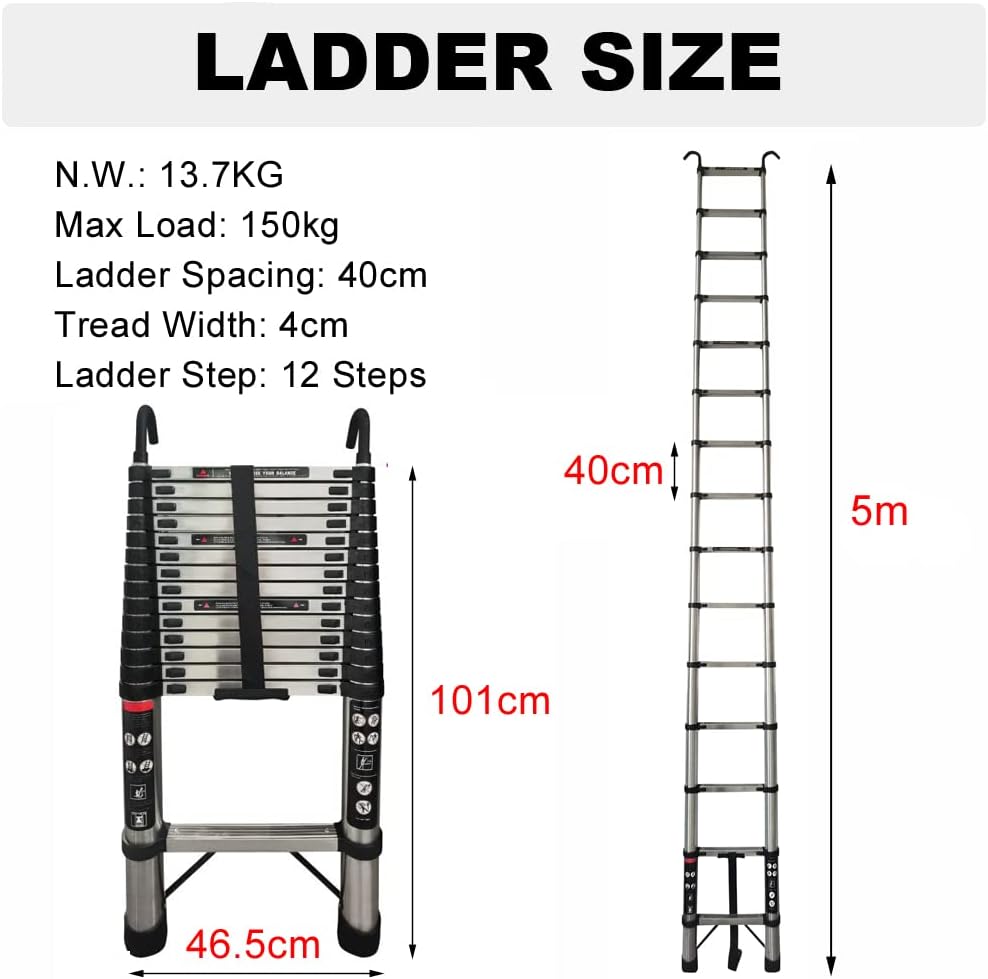Scala Telescopica in Acciaio inossidabile da 5 m, antiscivolo, Scala Allungabile con 2 Ganci, 13 pioli, Scala multifunzione, facile da trasportare, portata 150 kg, EN131