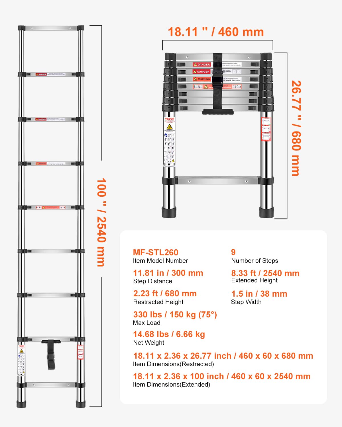 Scala Telescopica Portatili a 9 Gradini, Capacità di Carico di 150 kg Scala Estensibile Leggera in Acciaio Inossidabile da 2540 mm Piedini Antiscivolo, per Casa, Camper, Soffitta