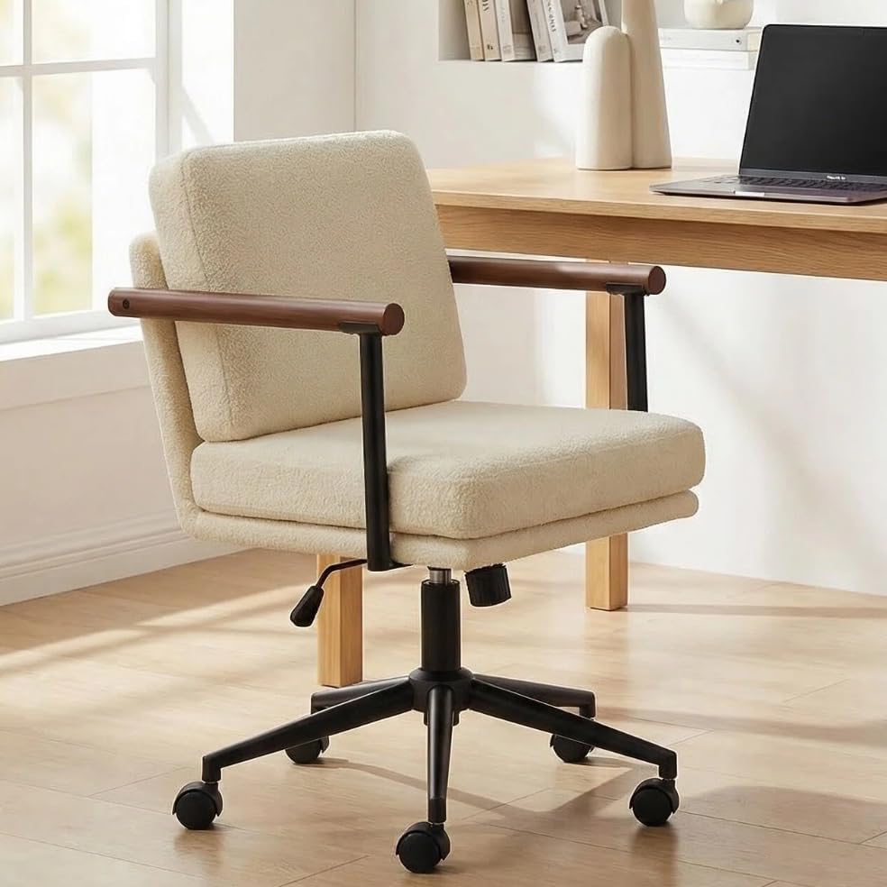 Homeoffice Stuhl, Gepolsterter Schreibtischstuhl Höhenverstellbar, Schminkstuhl mit Holz Armlehnen und Rollen