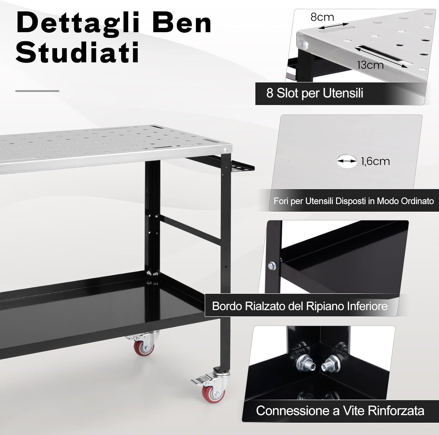 Tavolo da Lavoro, Banco da Lavoro con Supporto per Attrezzi e Vassoio, Fori per Fissaggio