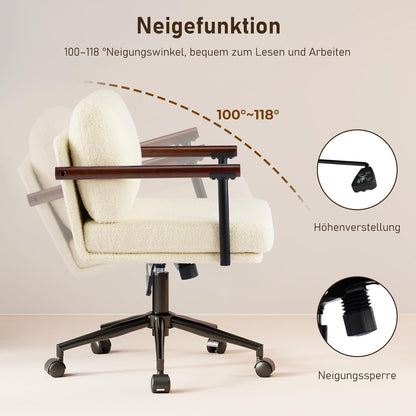 Homeoffice Stuhl, Gepolsterter Schreibtischstuhl Höhenverstellbar, Schminkstuhl mit Holz Armlehnen und Rollen