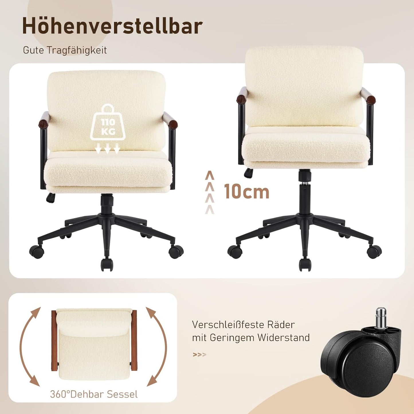 Homeoffice Stuhl, Gepolsterter Schreibtischstuhl Höhenverstellbar, Schminkstuhl mit Holz Armlehnen und Rollen