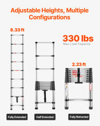 Scala Telescopica Portatili a 9 Gradini, Capacità di Carico di 150 kg Scala Estensibile Leggera in Acciaio Inossidabile da 2540 mm Piedini Antiscivolo, per Casa, Camper, Soffitta