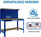 Banco da lavoro per officina, capacità di carico 600 kg, 1445x1210x610 mm, Pannello Forato, Ripiano per cassetti, Tavolo da lavoro fai da te, Blu/Legno - BT3