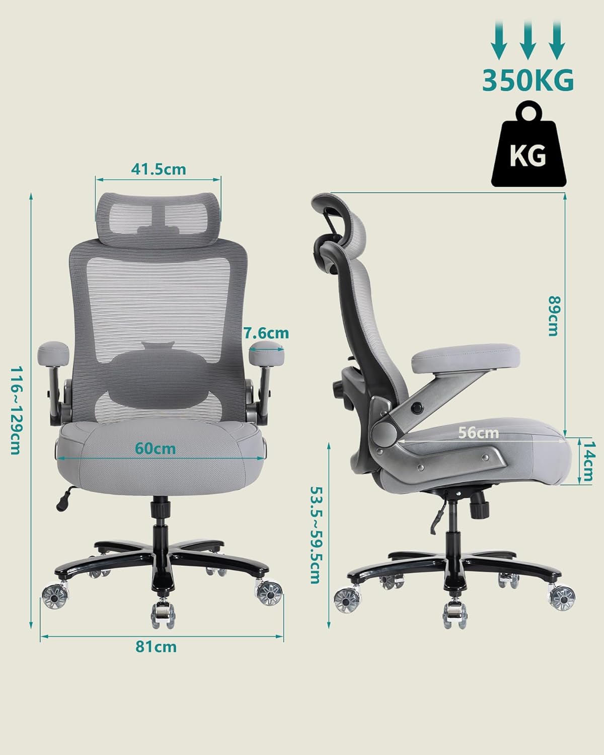 Office chair with lumbar support & headrest, load capacity up to 350 kg