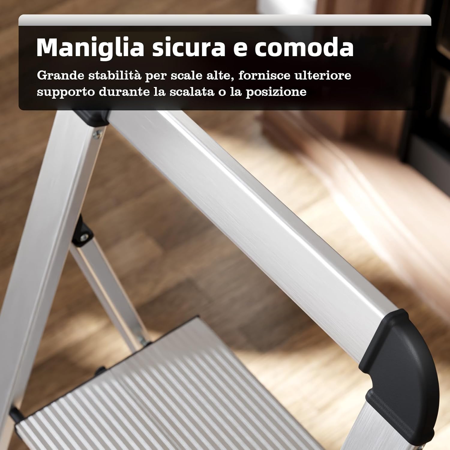 Scaletta 5 Gradini Pieghevole in Alluminio Leggera con Corrimano, Blocco di Sicurezza, Pedali Antiscivolo, Scala per Cucina Garage Casa