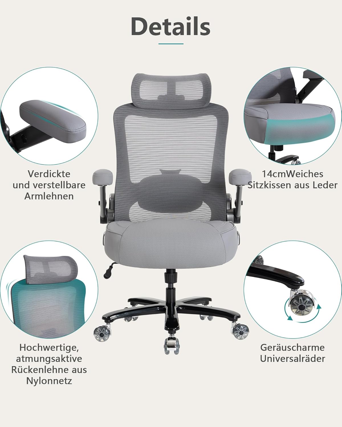 Office chair with lumbar support & headrest, load capacity up to 350 kg