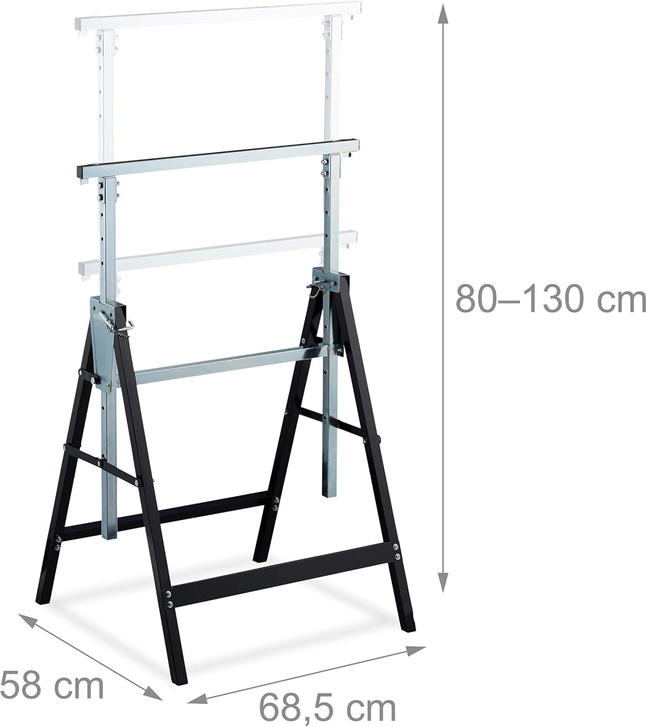 Cavalletto da Lavoro, Set da 2, Banco da Lavoro Resistente, max. 200kg, 80-130cm, Pieghevole, Nero-Argento