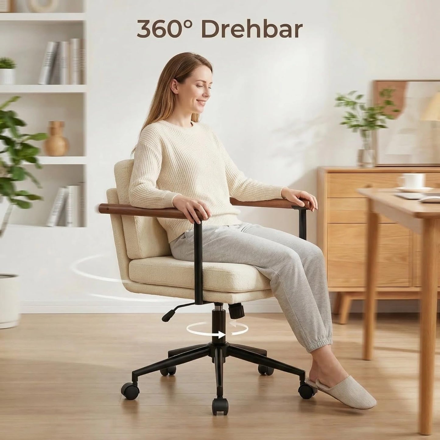 Homeoffice Stuhl, Gepolsterter Schreibtischstuhl Höhenverstellbar, Schminkstuhl mit Holz Armlehnen und Rollen