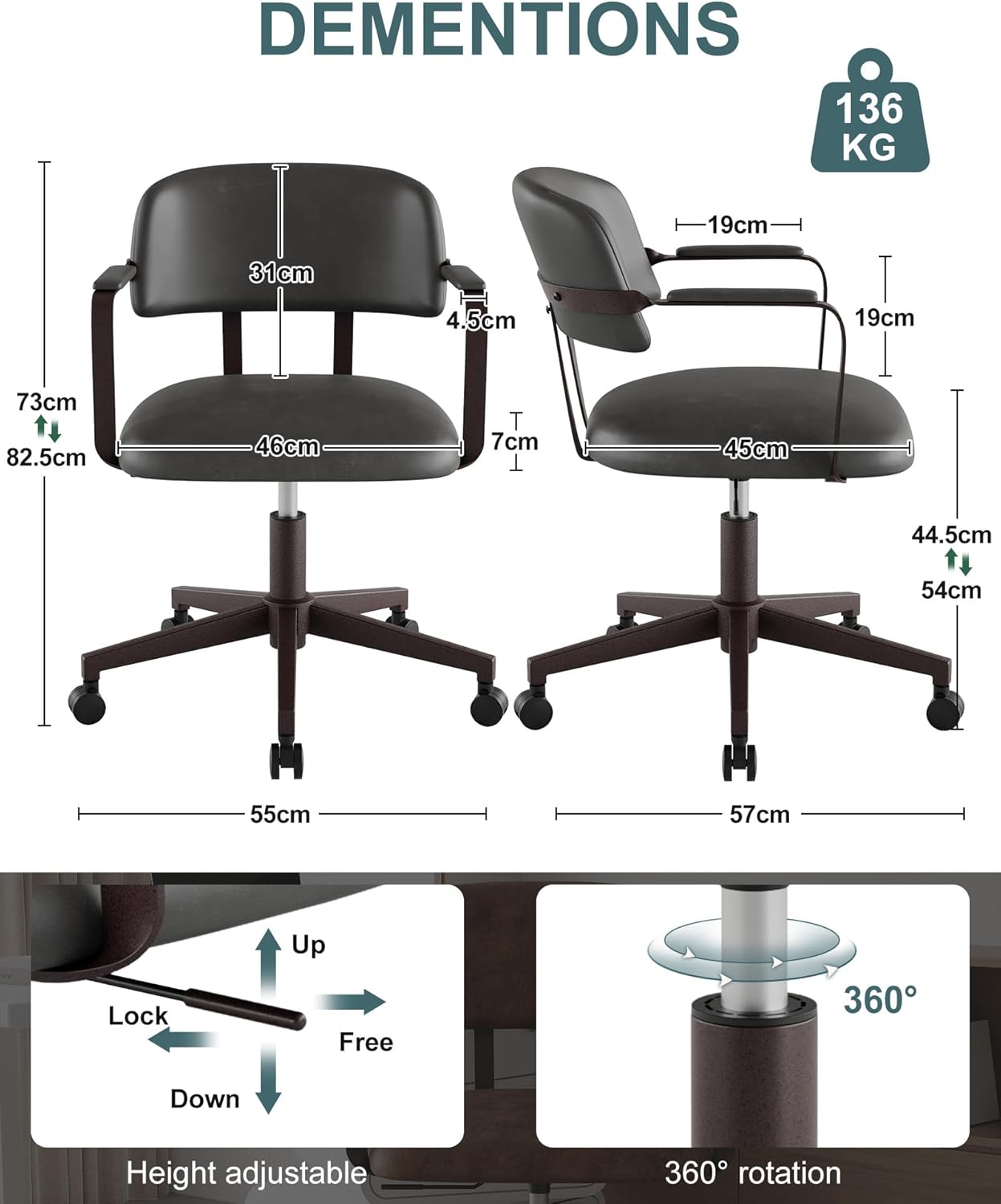 Office Chair Leather Aesthetic Desk Chair Ergonomic Swivel Chair with Wheels Armrests Retro Chair Vintage