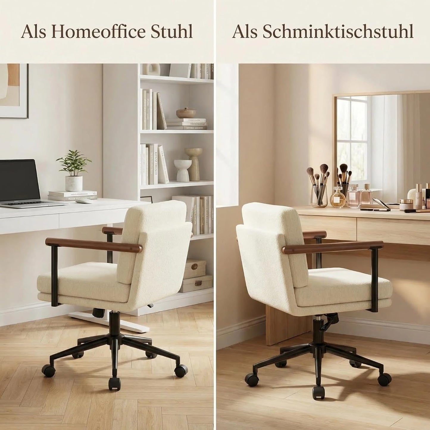 Homeoffice Stuhl, Gepolsterter Schreibtischstuhl Höhenverstellbar, Schminkstuhl mit Holz Armlehnen und Rollen