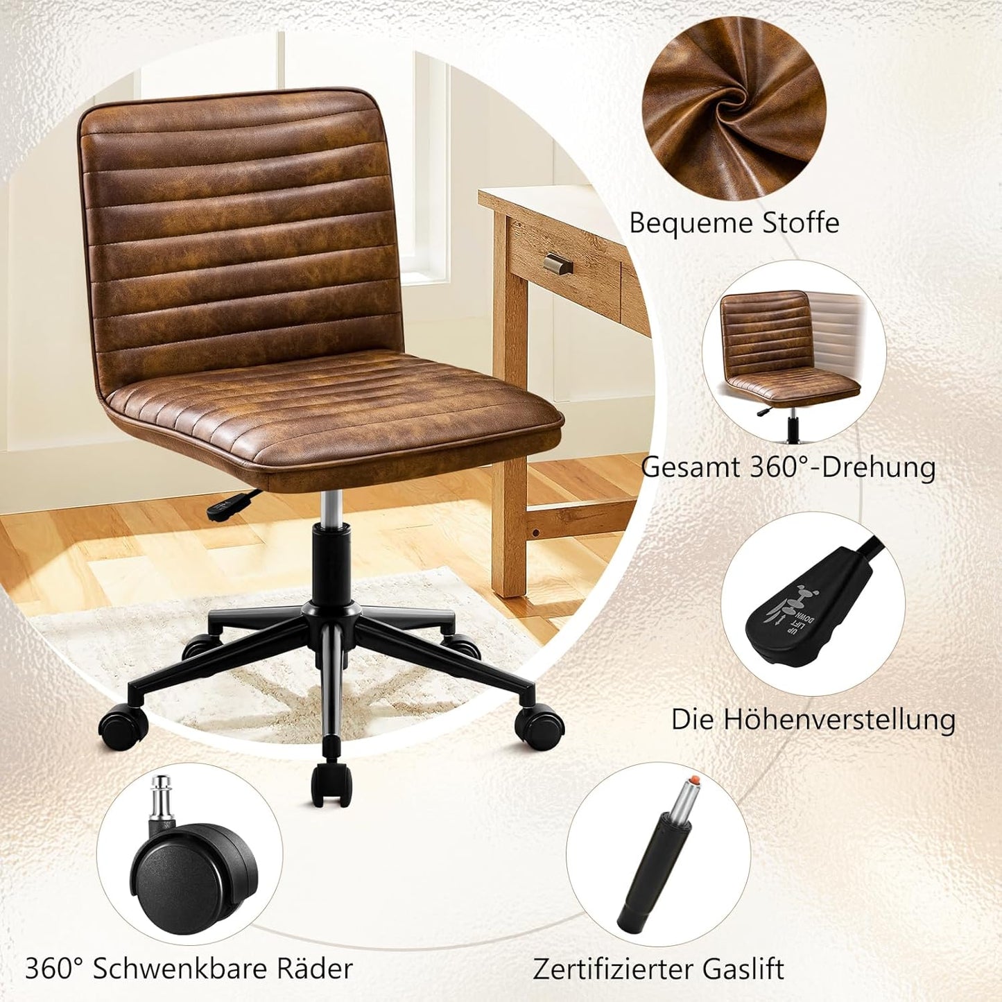 Bürostuhl Schreibtischstuhl Ergonomischer PU Leder Drehstuhl ohne Armlehnen Höhenverstellbarer Homeoffice Stuhl