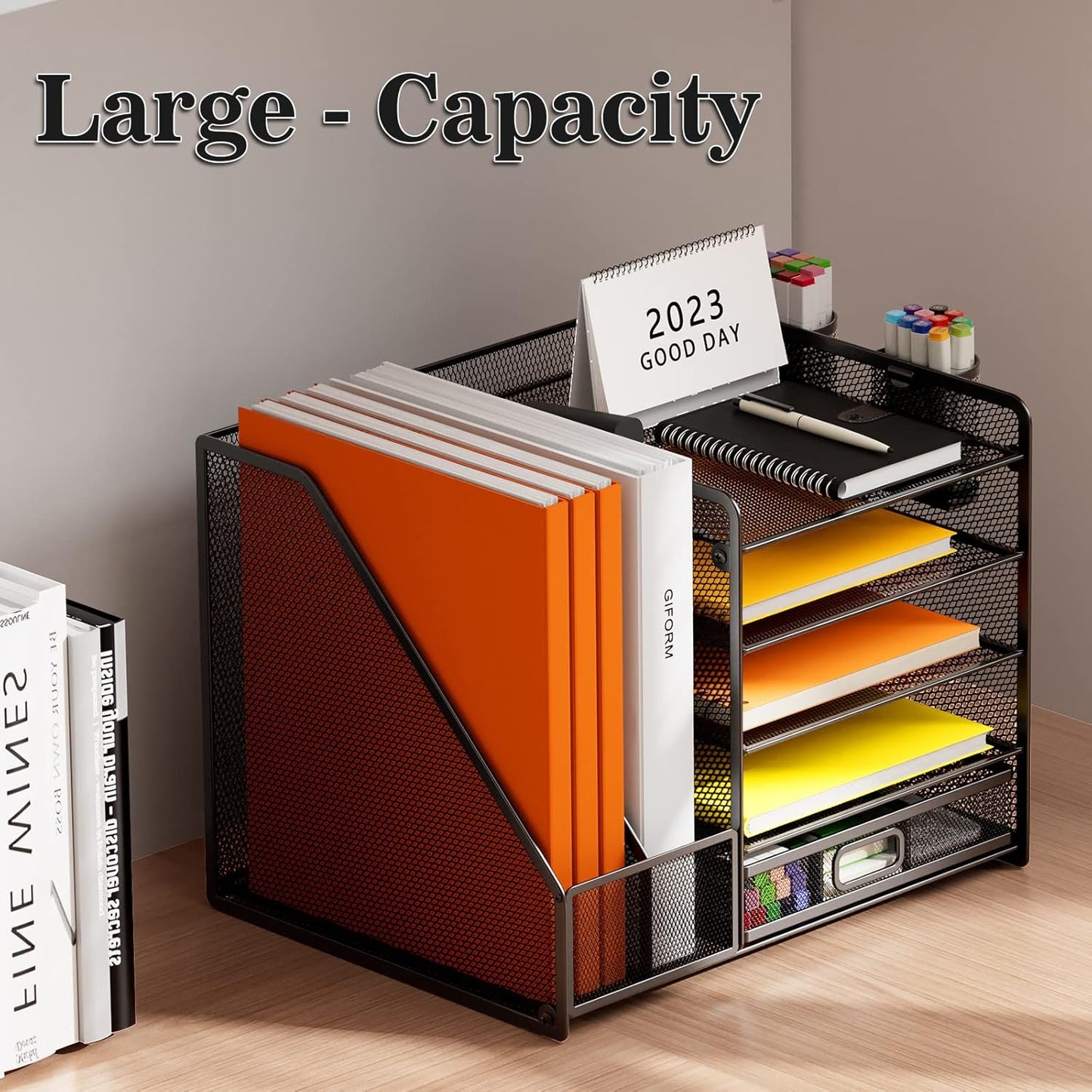 Schreibtisch Organizer mit Aktenhalter, 5-stufiger Papier Organizer mit Schublade und 2 Stifthaltern