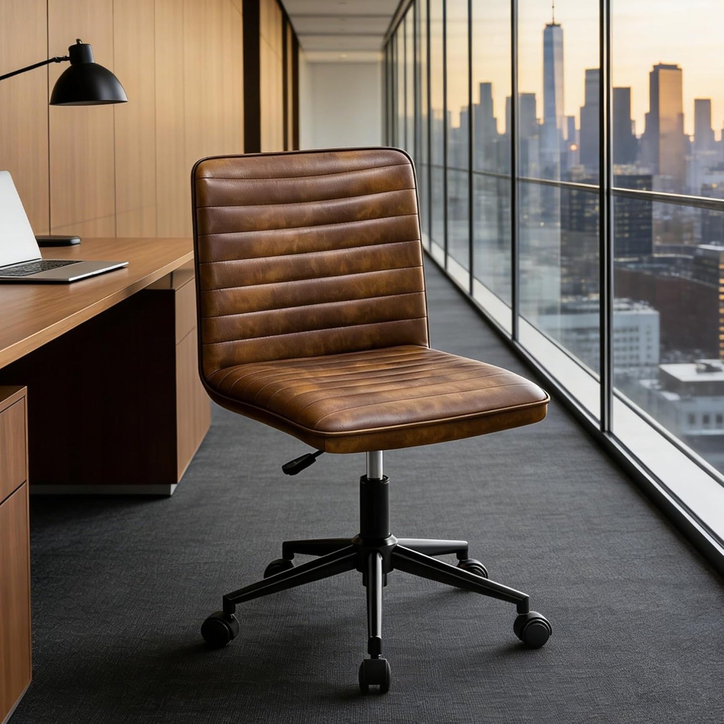 Bürostuhl Schreibtischstuhl Ergonomischer PU Leder Drehstuhl ohne Armlehnen Höhenverstellbarer Homeoffice Stuhl
