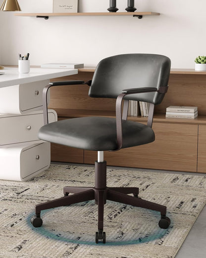 Office Chair Leather Aesthetic Desk Chair Ergonomic Swivel Chair with Wheels Armrests Retro Chair Vintage