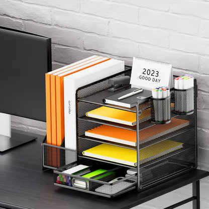Schreibtisch Organizer mit Aktenhalter, 5-stufiger Papier Organizer mit Schublade und 2 Stifthaltern
