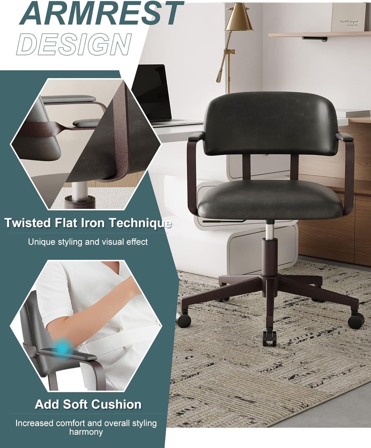 Office Chair Leather Aesthetic Desk Chair Ergonomic Swivel Chair with Wheels Armrests Retro Chair Vintage