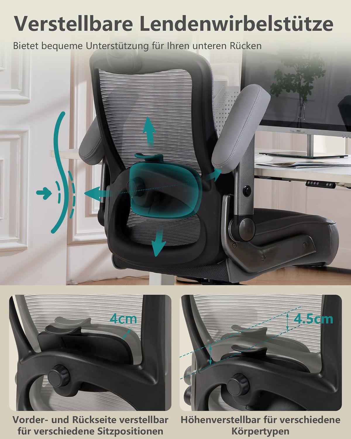 Office chair with lumbar support & headrest, load capacity up to 350 kg